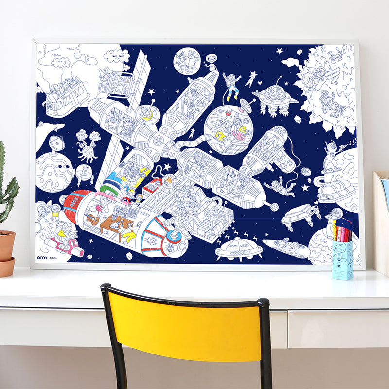 OMY Giant Coloring Poster - SPACE STATION with glow in the dark stickers
