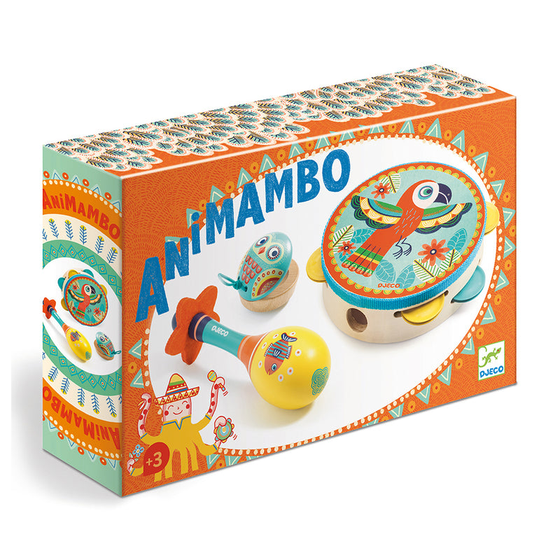 DJECO Set of 3 instruments: Tambourine, maracas, castanet Animambo - Music Instrument