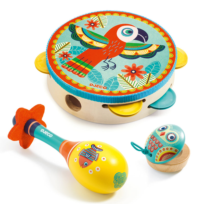 DJECO Set of 3 instruments: Tambourine, maracas, castanet Animambo - Music Instrument